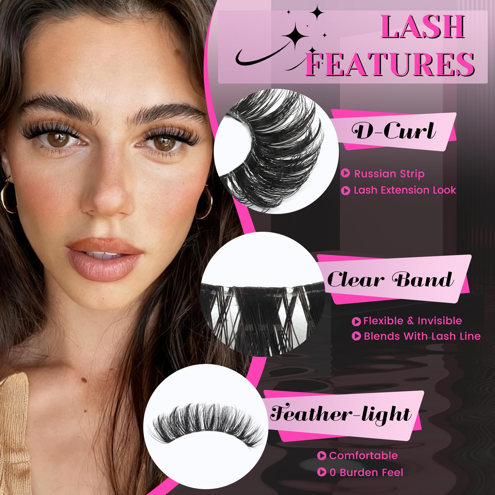 Veleasha Russian strip lashes with clear band on eye showing D Curl lift for natural definition.