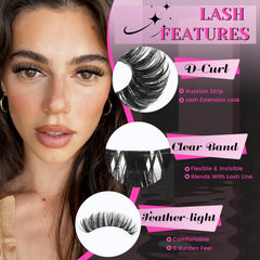 Veleasha Russian strip lashes with clear band on eye showing D Curl lift for natural definition.