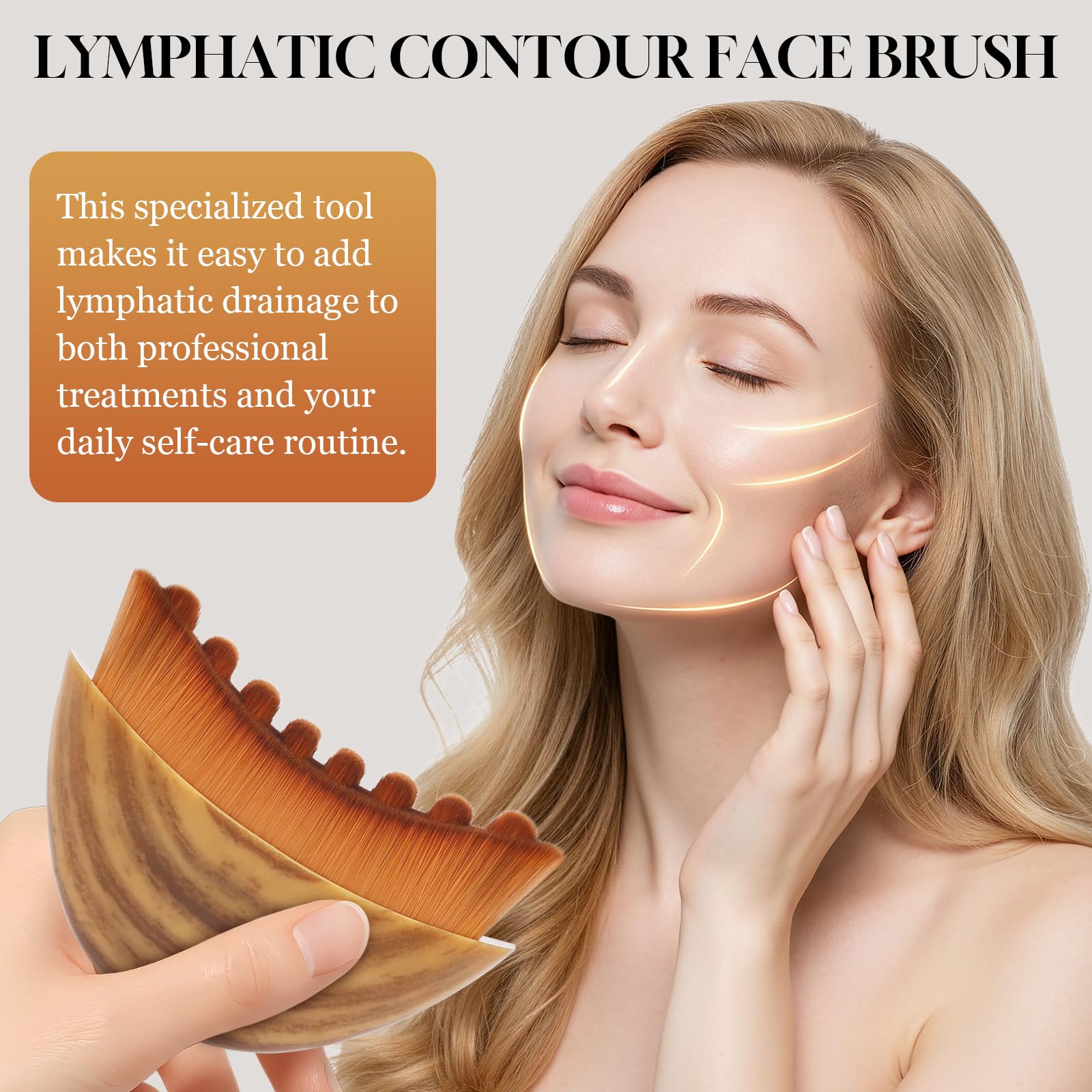 VELLASIO lymphatic contour face brush held in hand demonstrates comfortable grip for gentle drainage.