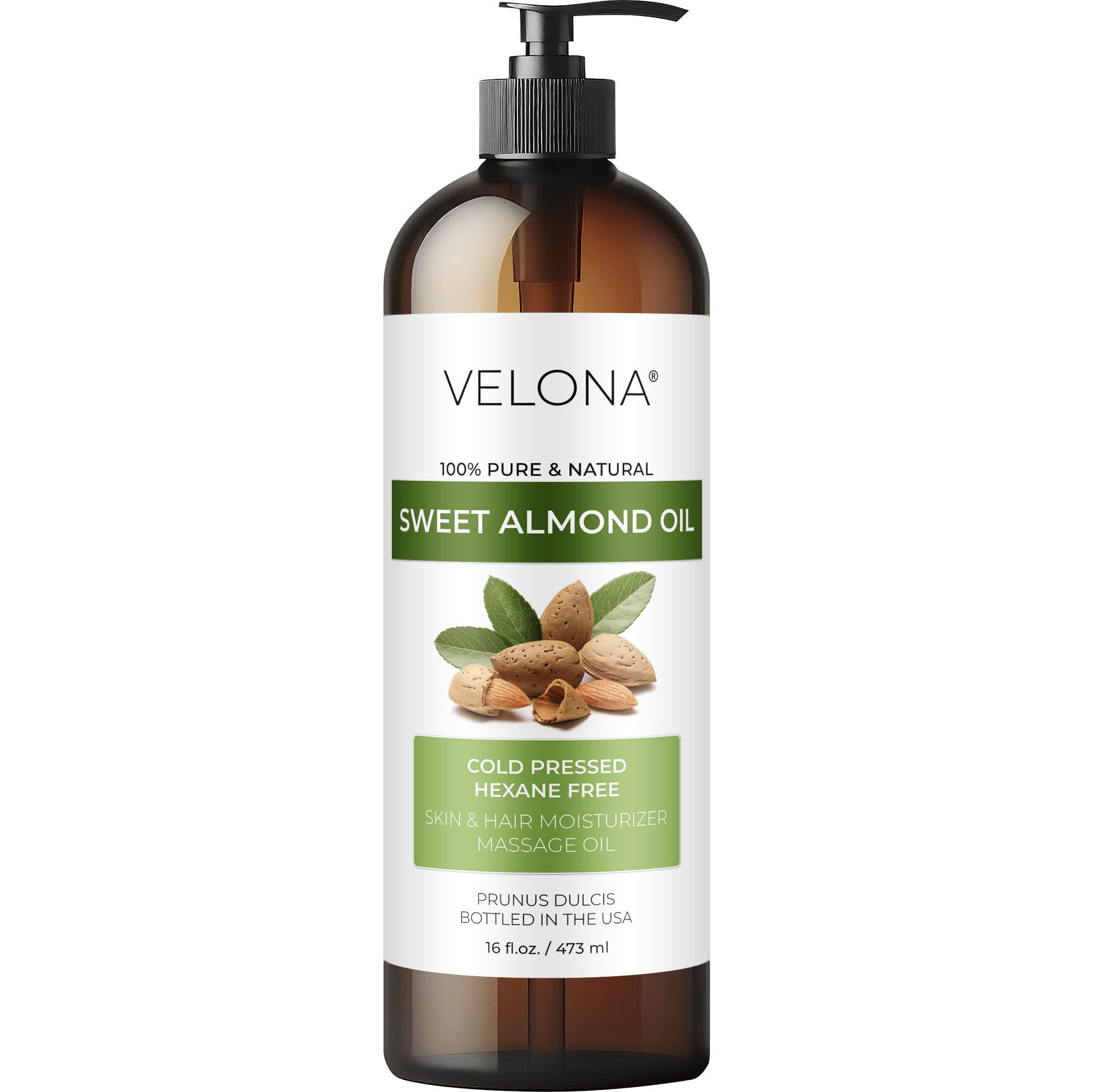 Velona Aceite de Almendras Dulce, vertido desde la botella, hidratación suave para piel y cabello.