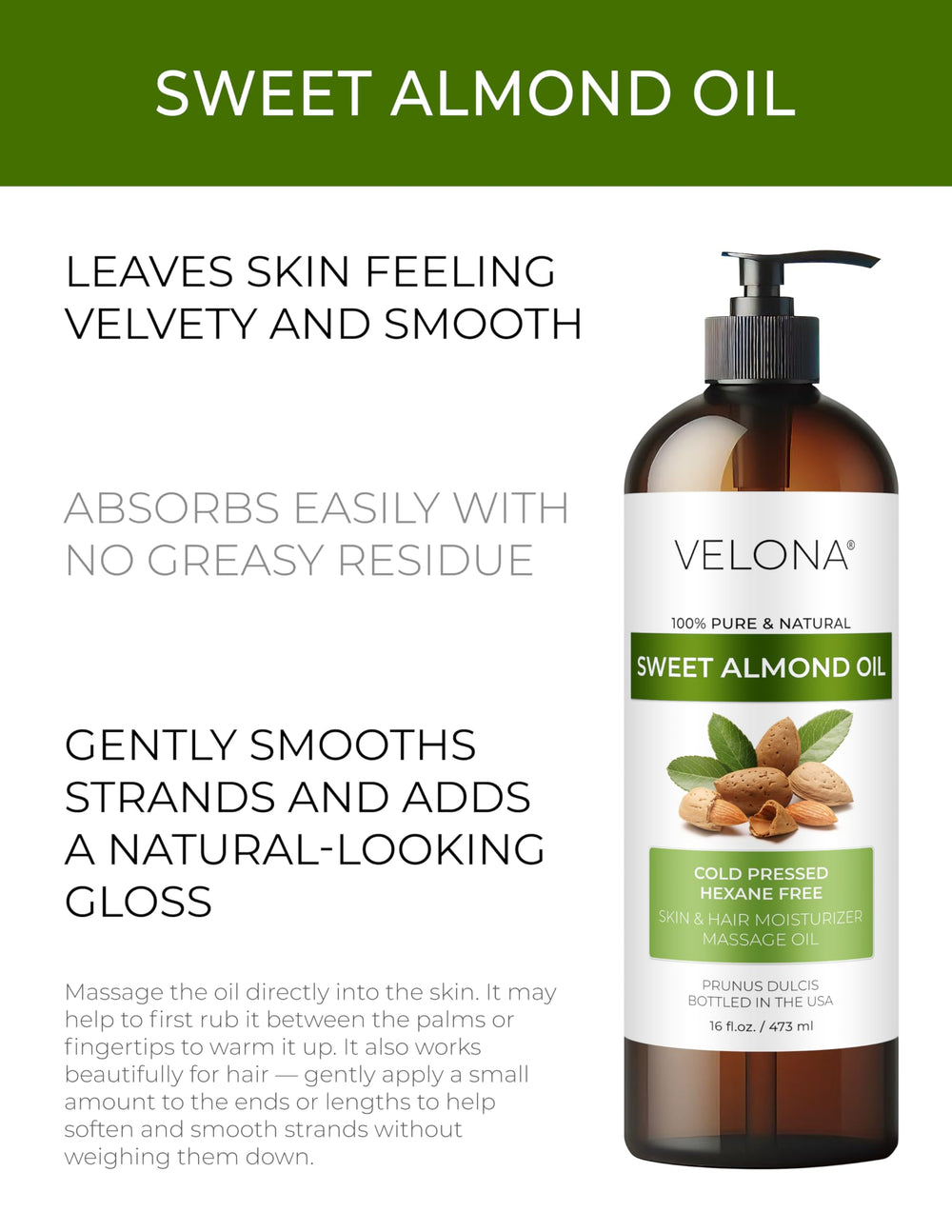 Velona Aceite de Almendras Dulce, etiqueta visible, producto 100% puro y natural para uso diario.