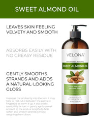Velona Aceite de Almendras Dulce, etiqueta visible, producto 100% puro y natural para uso diario.