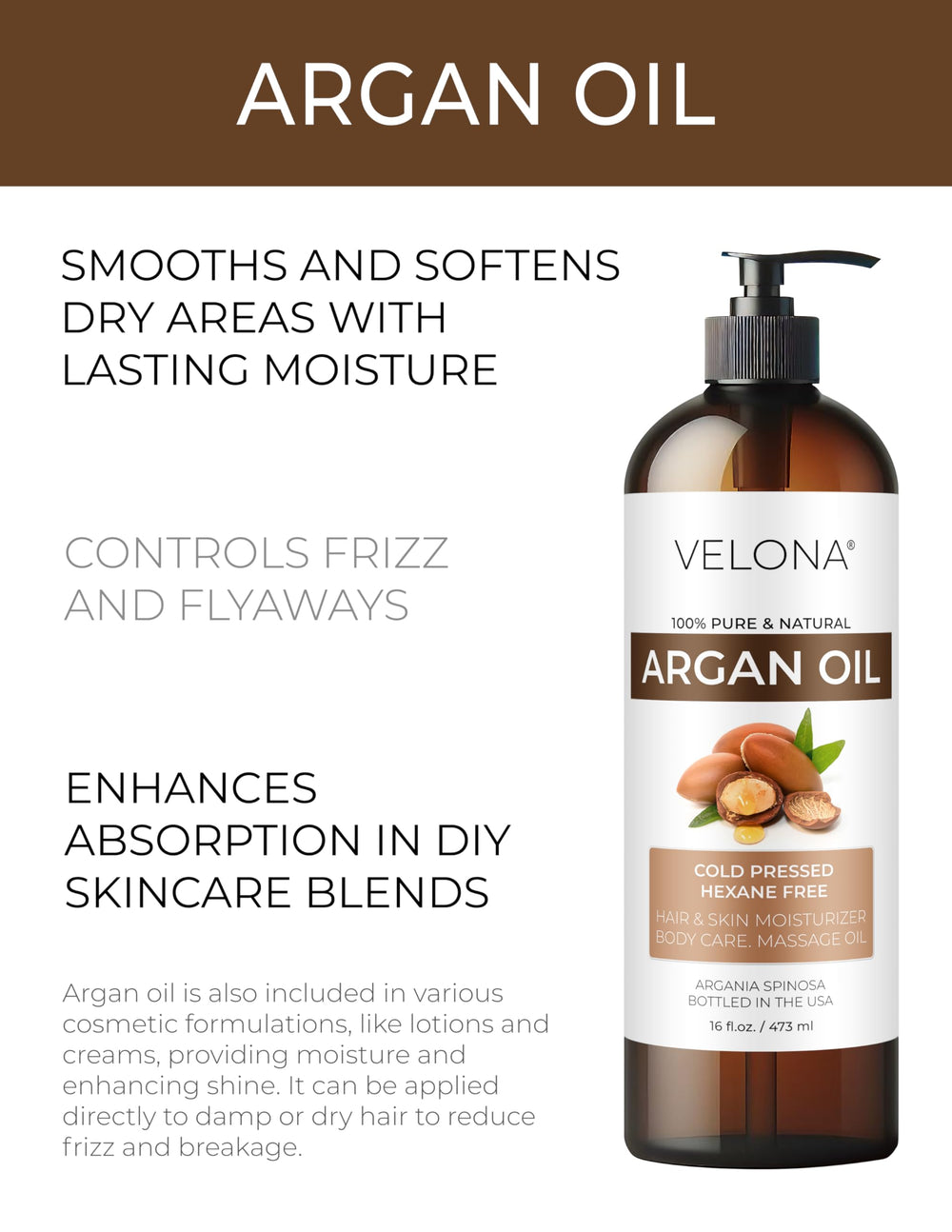 Velona Aceite de Argán, textura sedosa para piel suave.