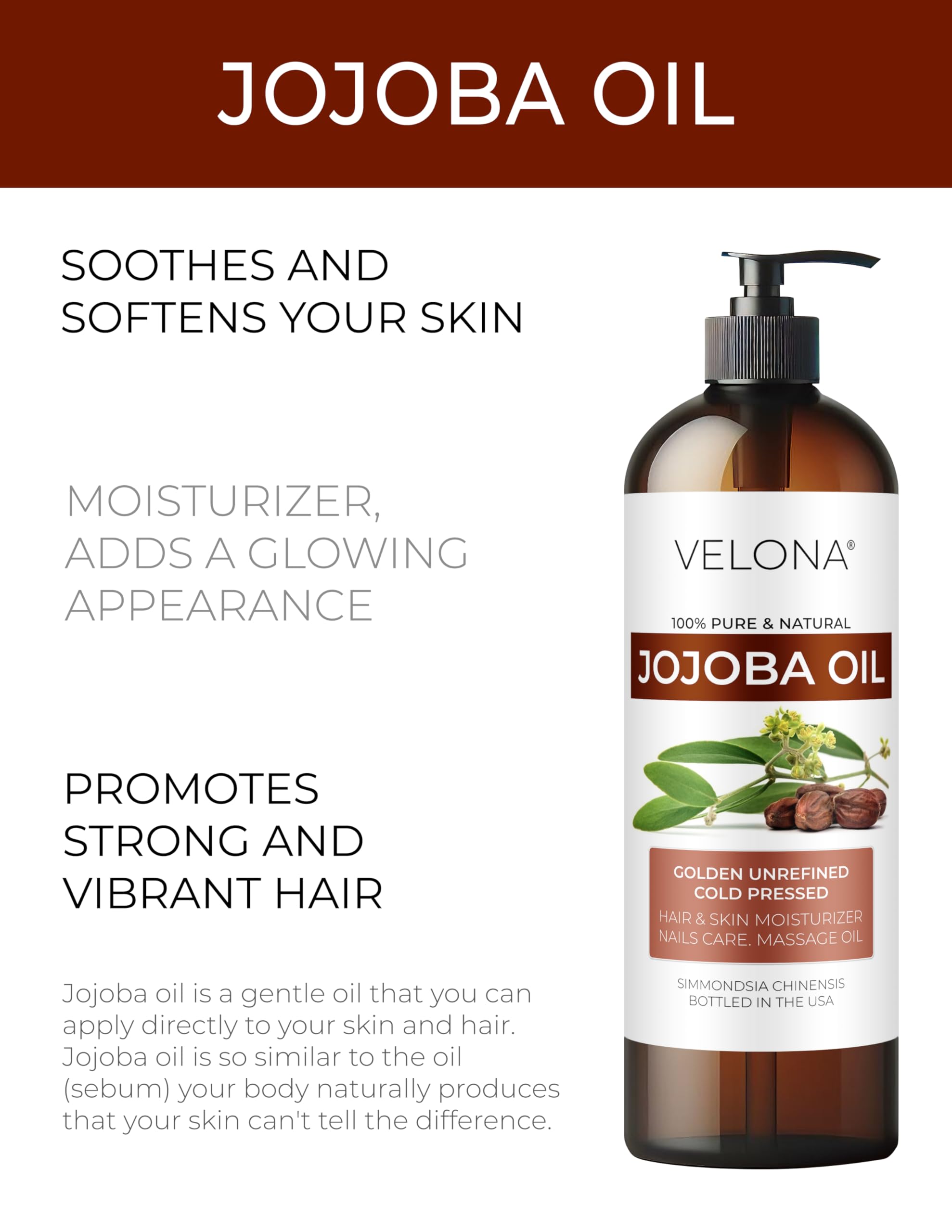 Velona Aceite de Jojoba, textura dorada y suave para piel y cabello, uso diario.