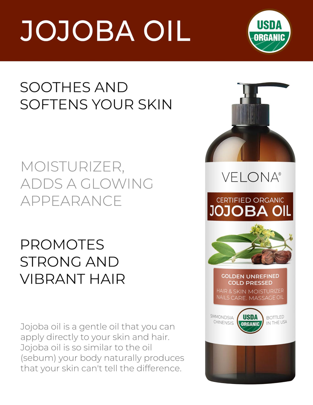 Velona aceite de jojoba, textura dorada, nutrición suave para el rostro