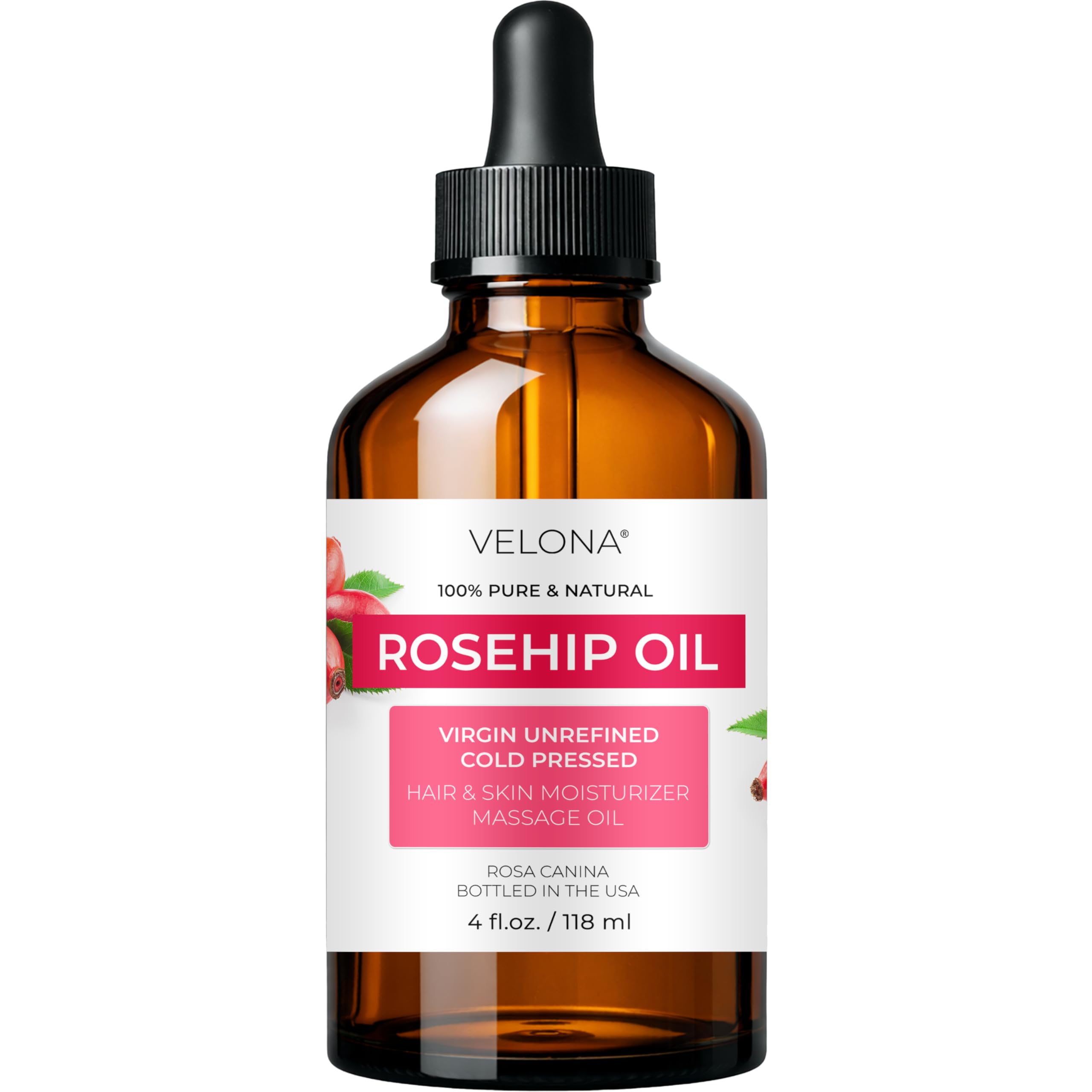 Velona Aceite de Rosa Mosqueta botella 118 ml para hidratación suave de piel.