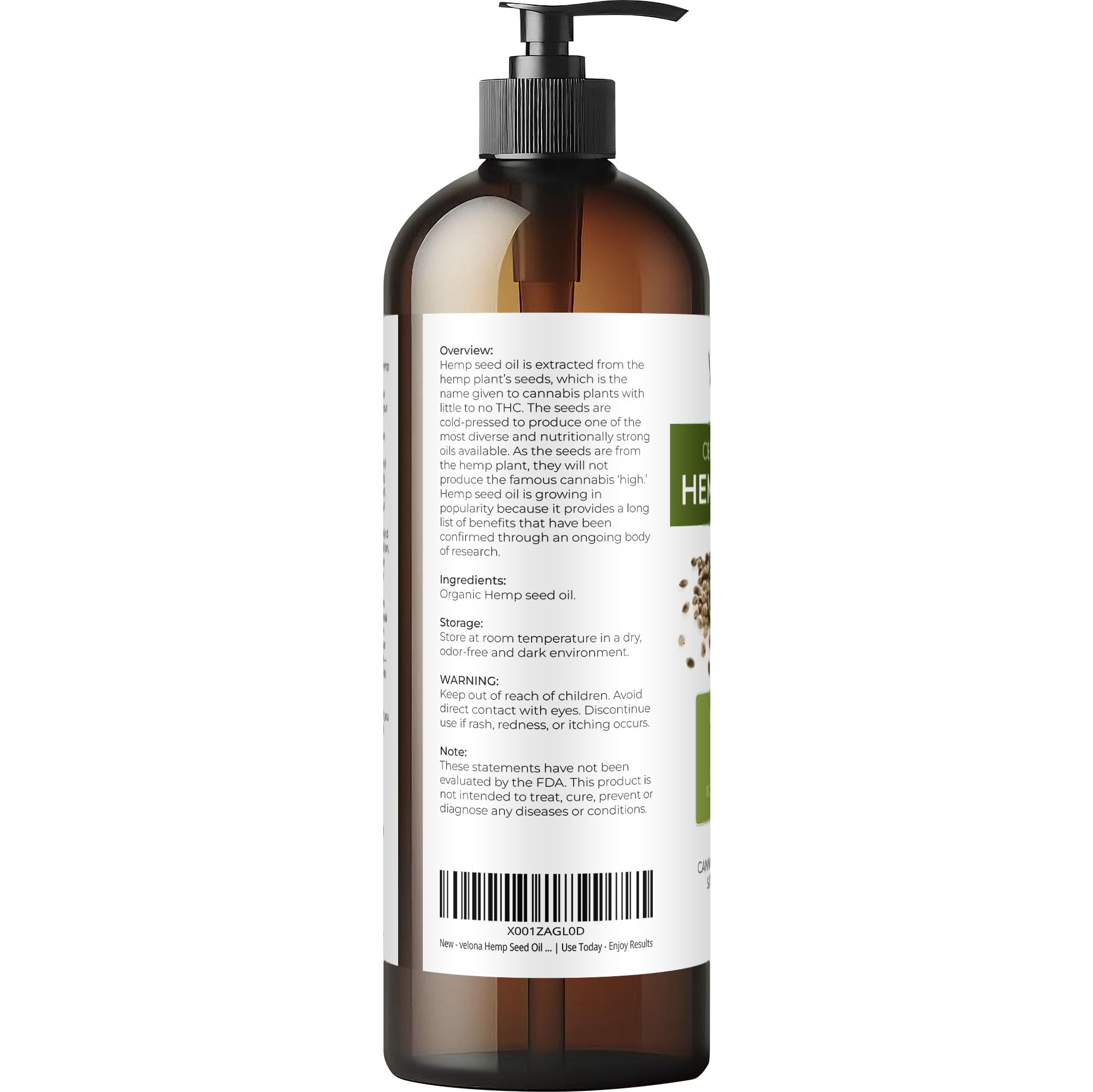 Velona aceite de semilla cáñamo en botella, uso facial ligero y equilibrante