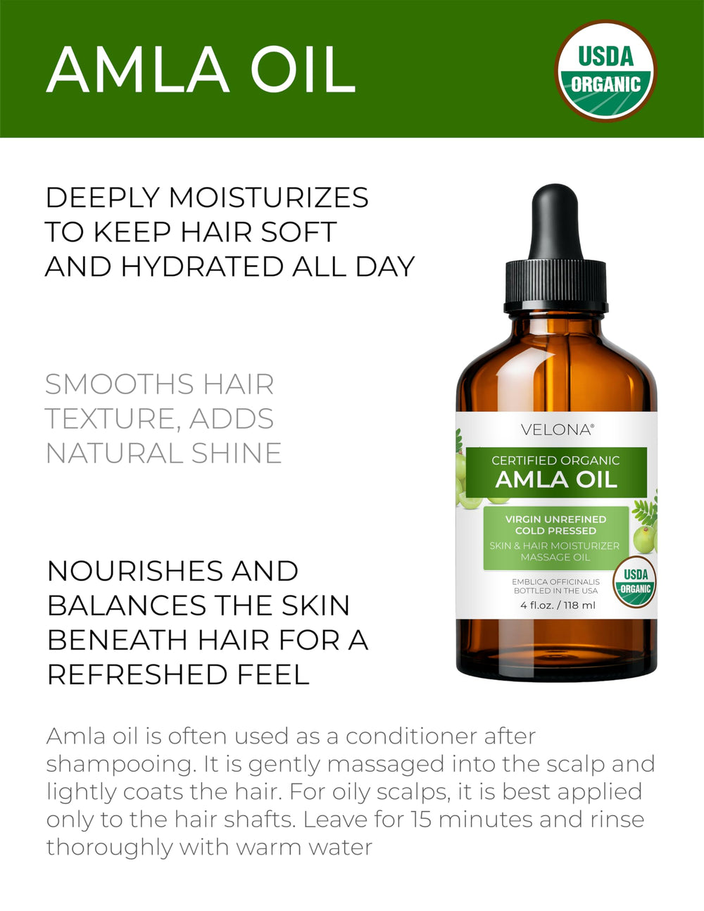 Velona Amla Oil: aplicación capilar para brillo y suavidad.