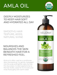 Aplicación de Velona Amla Oil en el cabello para brillo y suavidad