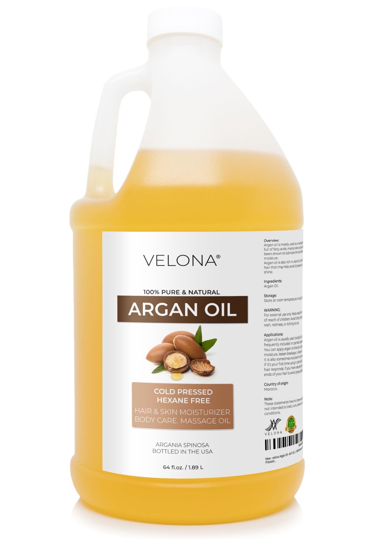 Velona Argan Oil bottle front highlights purity and 64 oz value for daily rituals.