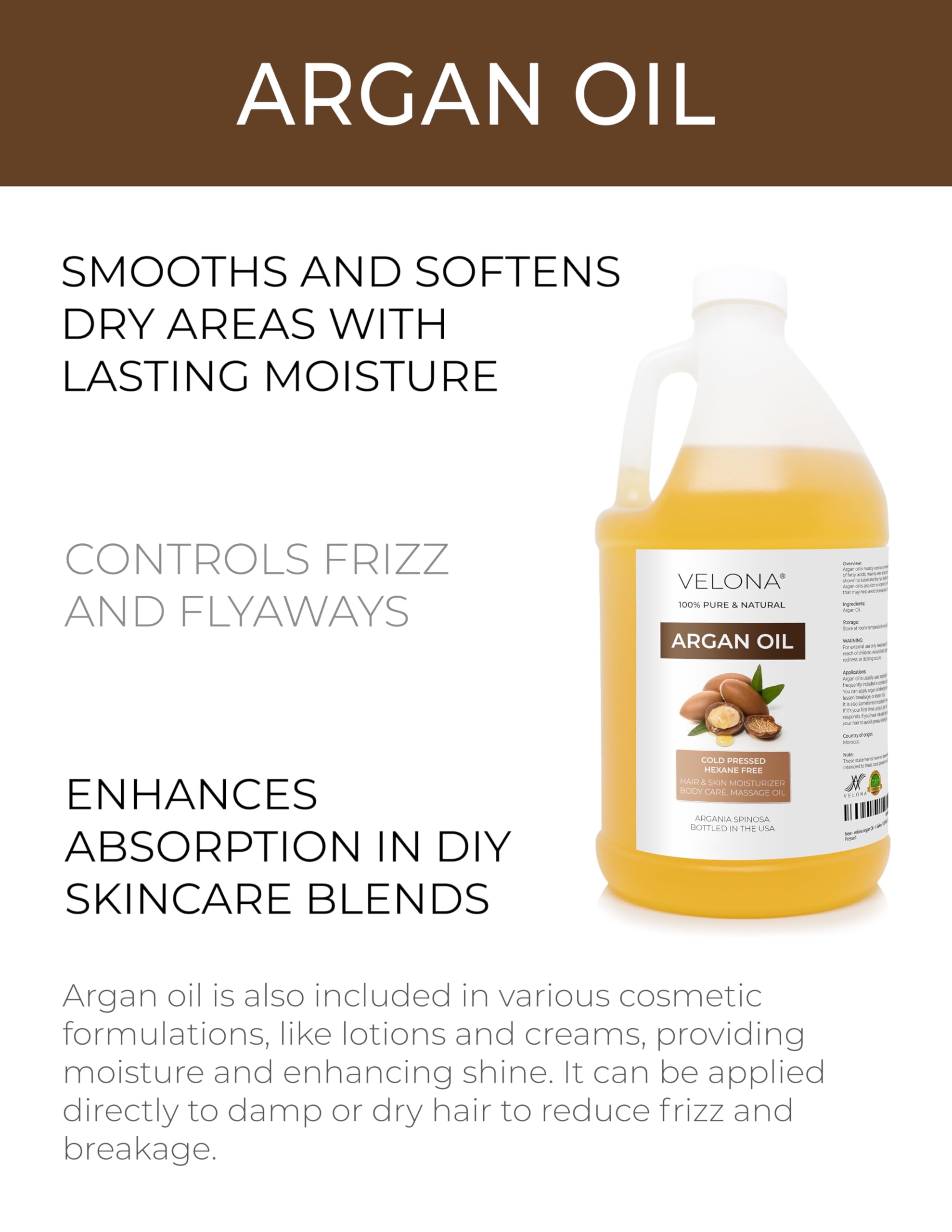 Velona Argan Oil bottle label shows cold-pressed Moroccan origin for reliable skincare.