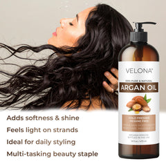 Velona Argan Oil applied to hair ends demonstrates smoothing and shine without weighing down.