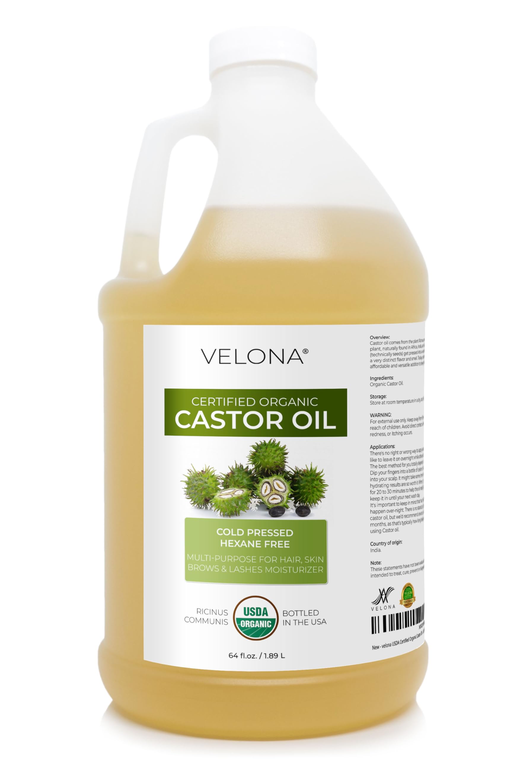 Velona castor oil 64oz bottle for deep hydration in hair and skin.
