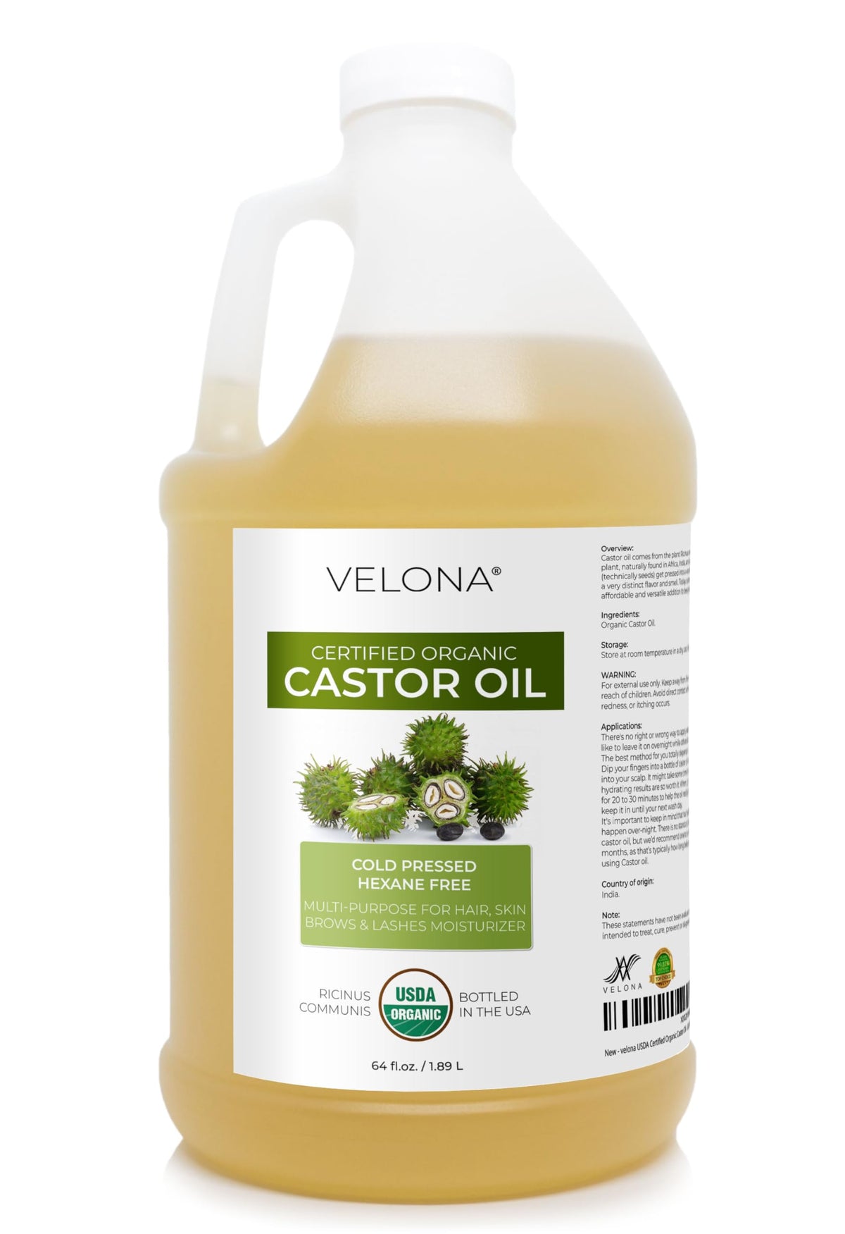 Velona castor oil 64oz bottle for deep hydration in hair and skin.
