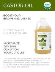 Velona castor oil amber bottle closeup shows pure, hexane-free formula.