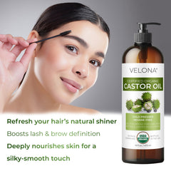 Velona castor oil label front—organic, cold-pressed details at a glance.