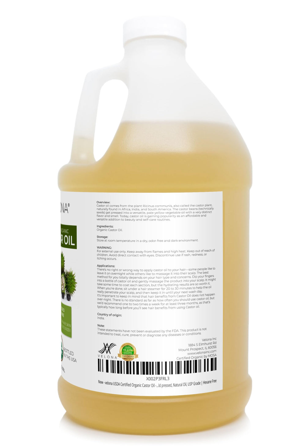 Velona castor oil pour spout—easy application during routines.