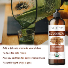 Velona flaxseed oil being applied to hair for shine and nourishment.