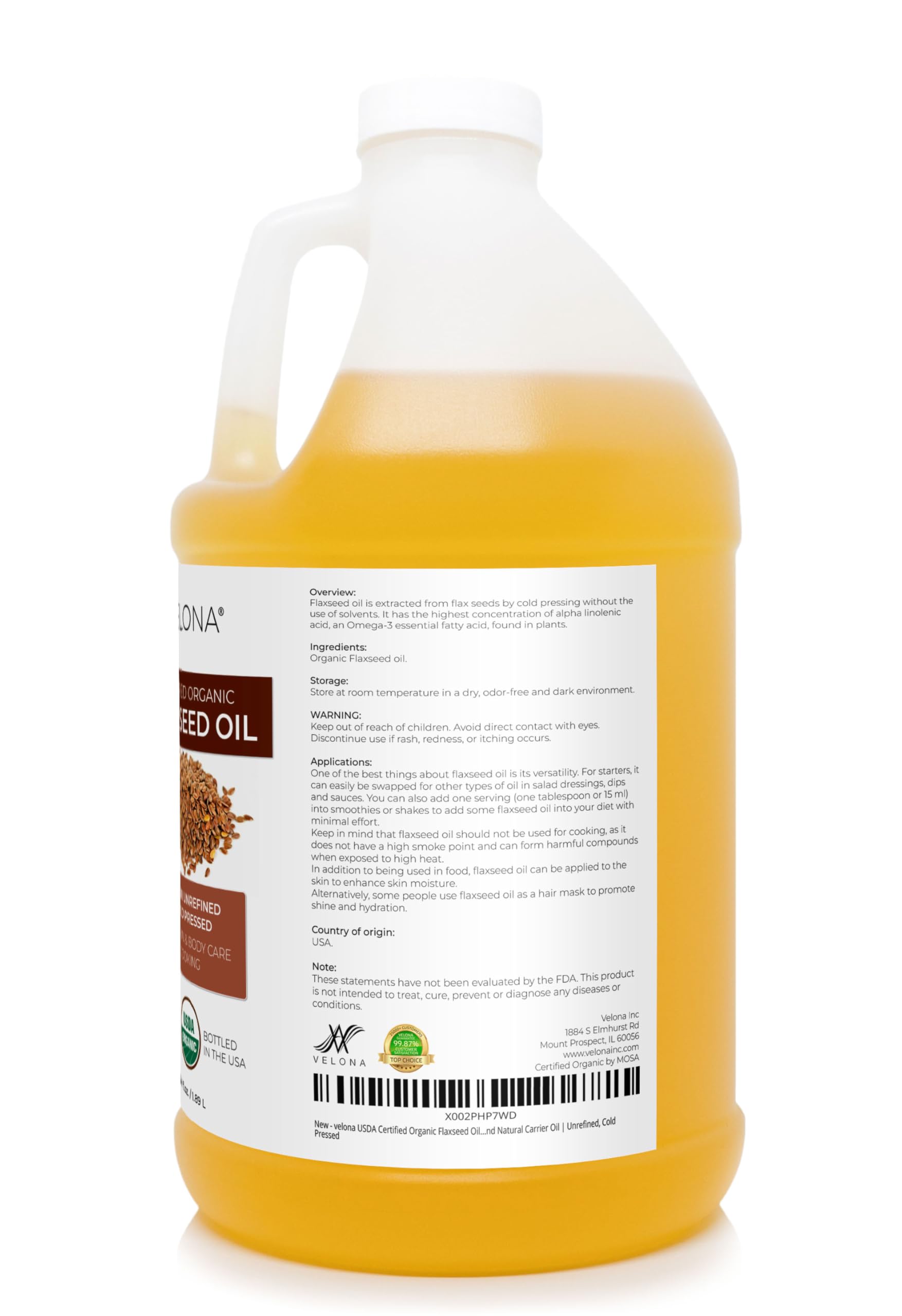 Close-up of Velona label showing USDA Organic certification and unrefined formula.