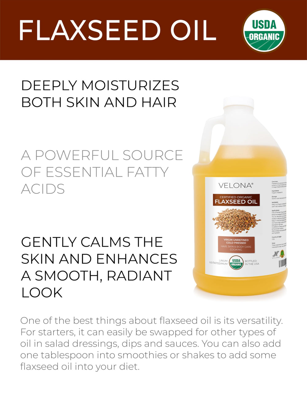 Pour shot highlighting Velona flaxseed oil's light texture and clarity.