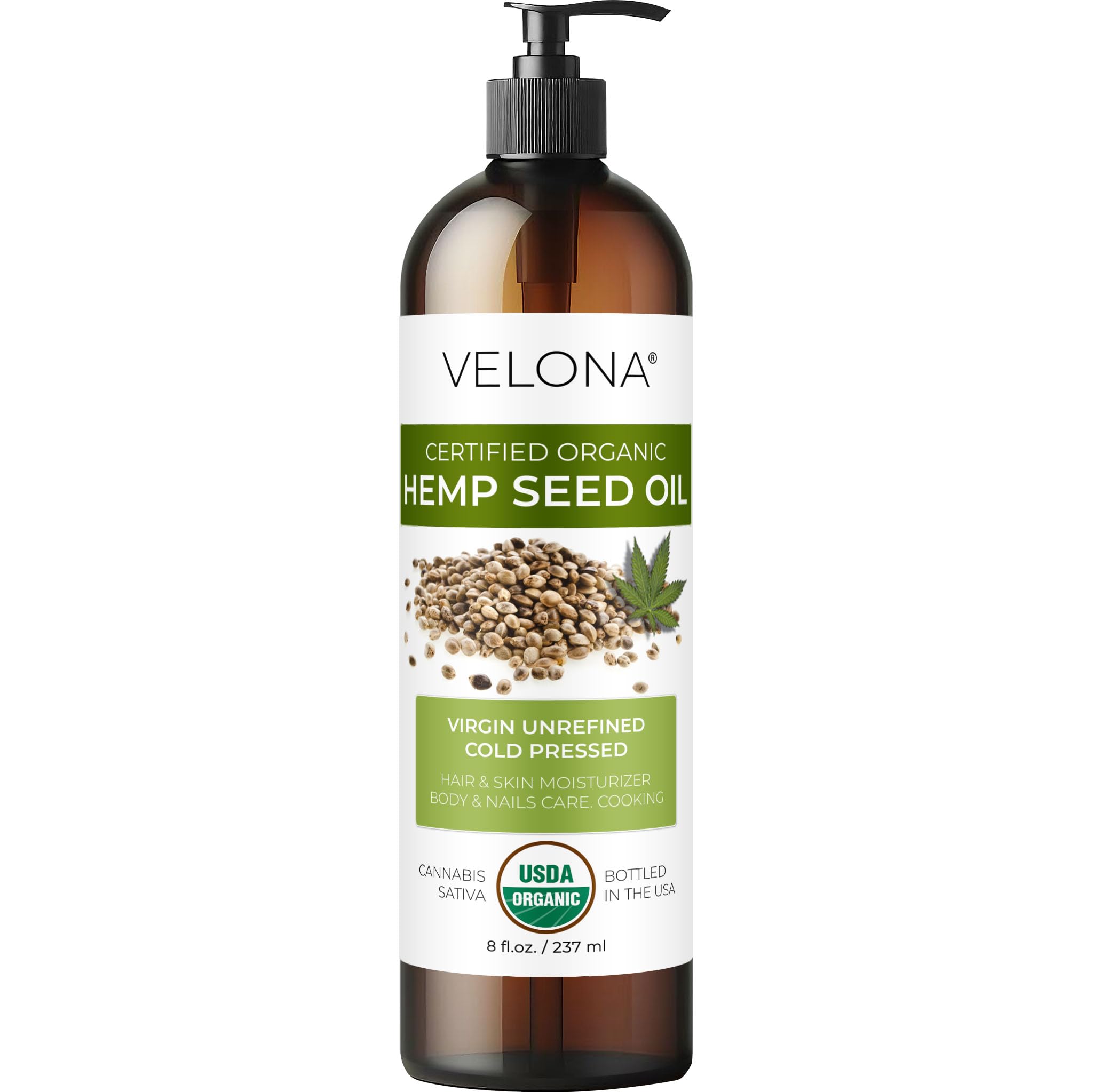 Velona hemp seed oil bottle front view, pure carrier oil for skin and hair.