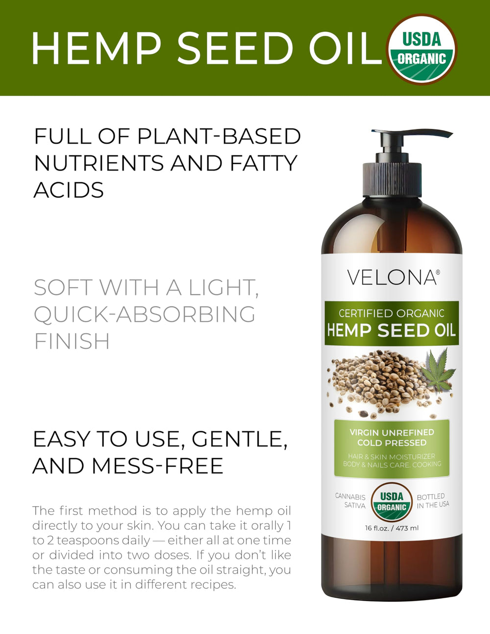 Velona hemp seed oil bottle pouring, smooth texture for DIY skincare.