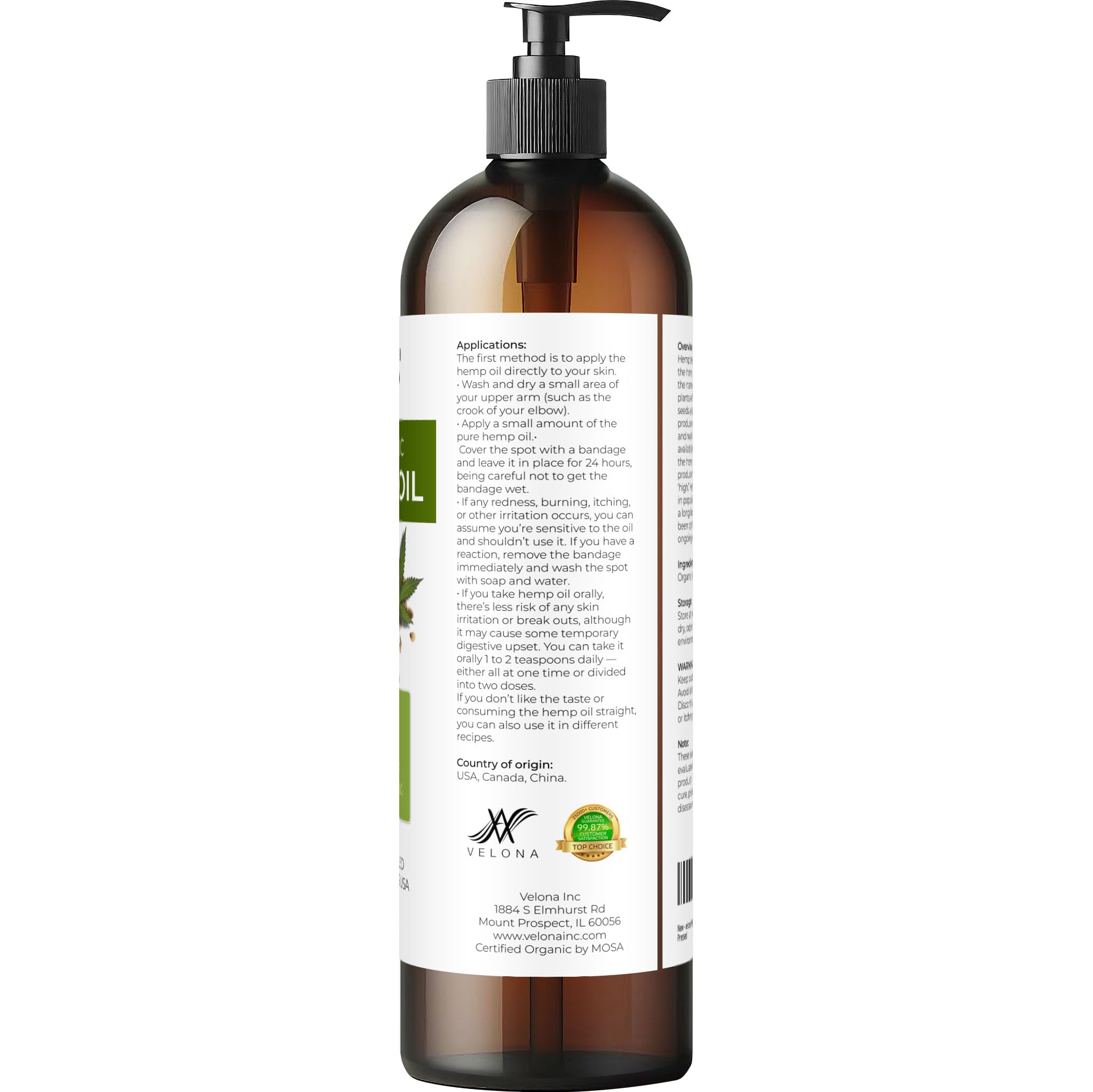 Velona hemp seed oil green hue in glass bottle, natural care visualization.
