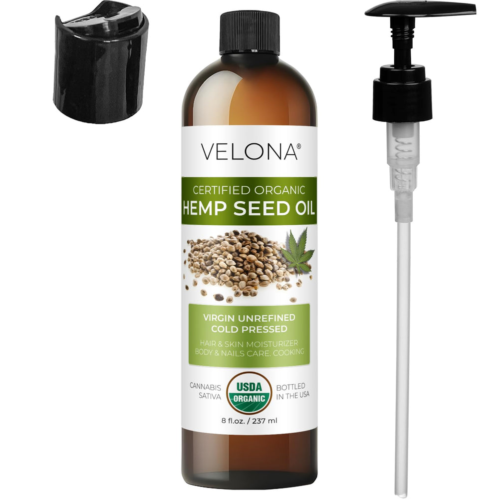 Velona hemp seed oil kitchen use bottle over salads or dips.