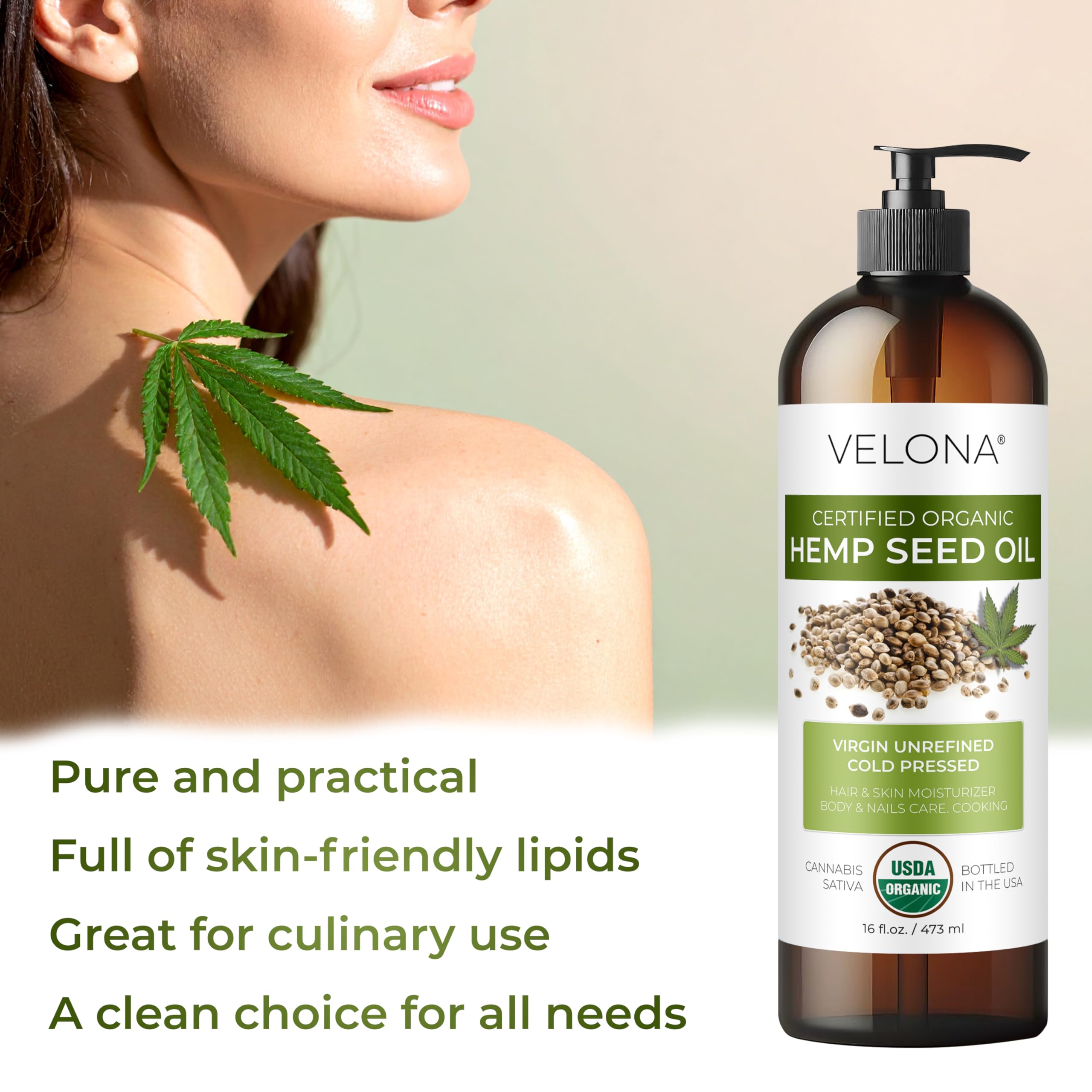 Velona hemp seed oil aroma close-up, subtle nutty scent for everyday use.