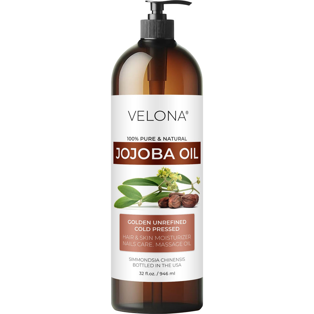 Velona Jojoba Oil 32oz pump bottle for easy dispensing and versatile moisturizing.