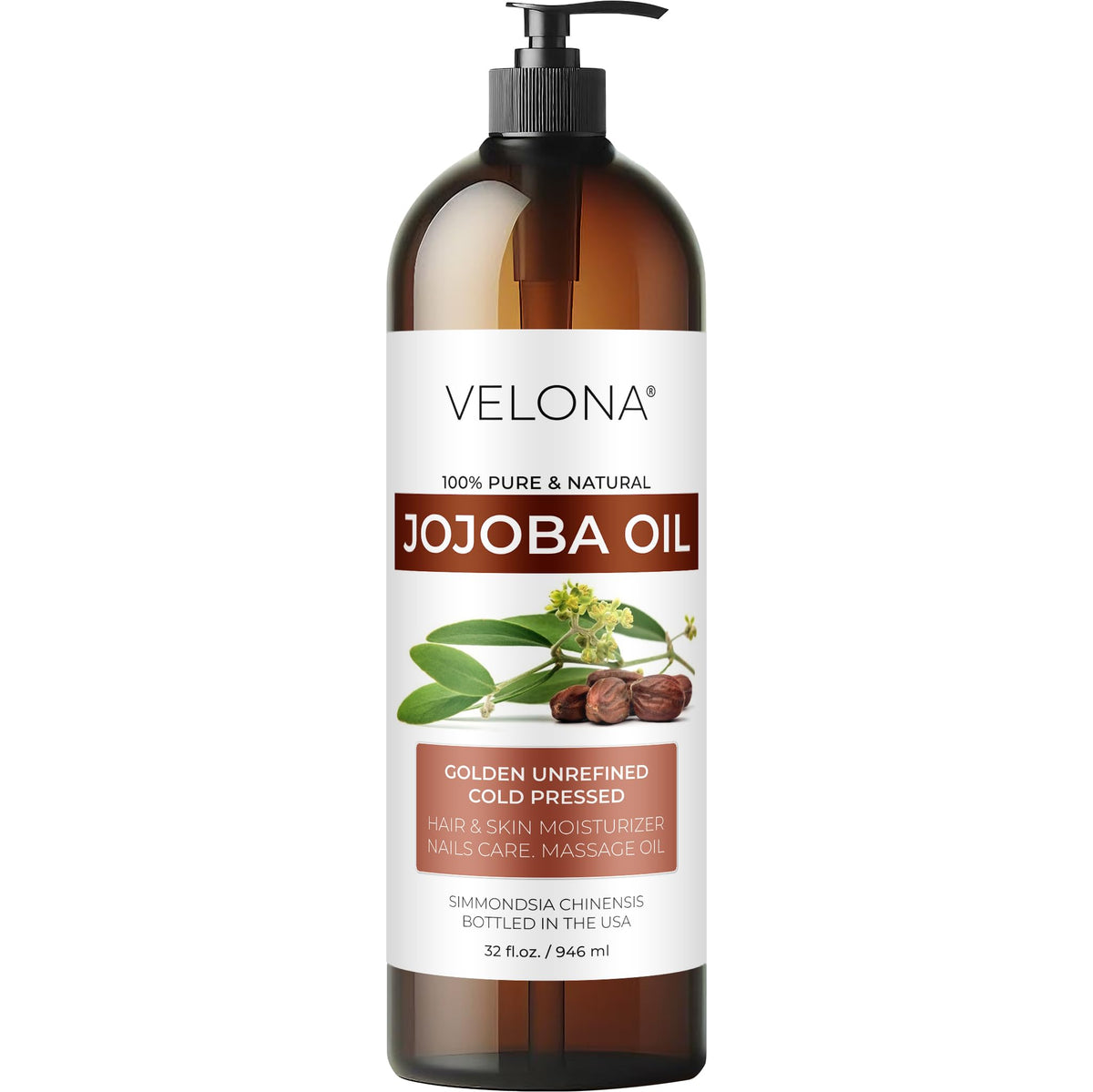 Velona Jojoba Oil 32oz pump bottle for easy dispensing and versatile moisturizing.