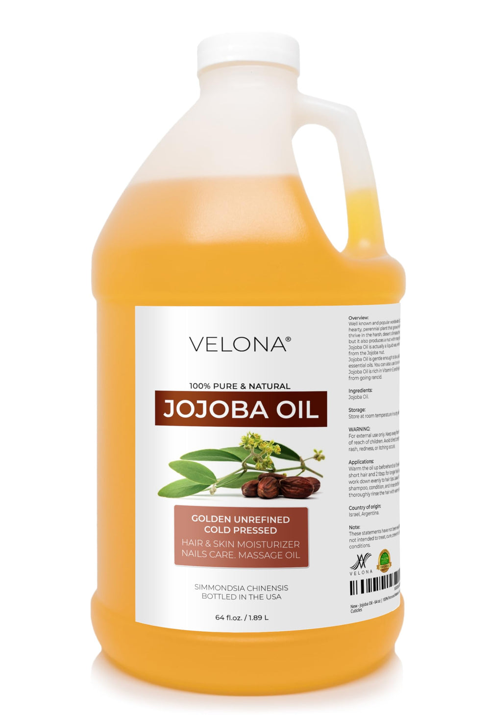 Velona Jojoba Oil 64 oz bottle for versatile skin and hair care.