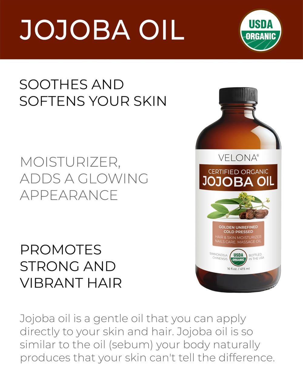 Velona Jojoba Oil bottle label close-up highlighting organic purity and cold-pressed quality.