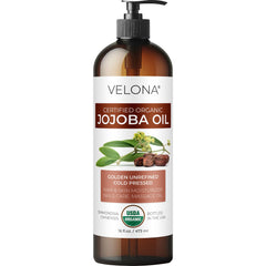 Velona Jojoba Oil bottle with pump for easy facial and body hydration.