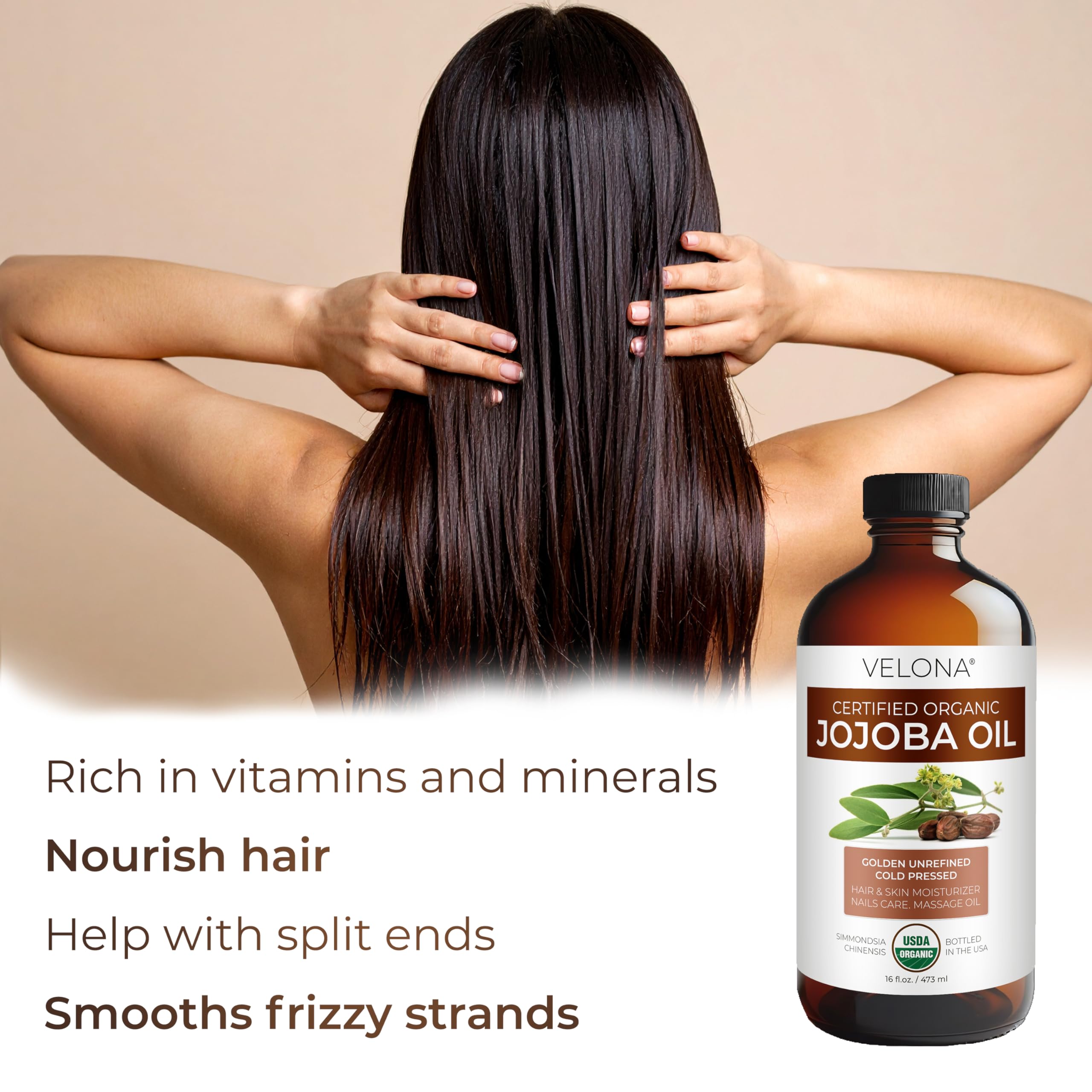 Velona Jojoba Oil bottle and shiny hair to indicate added gloss.