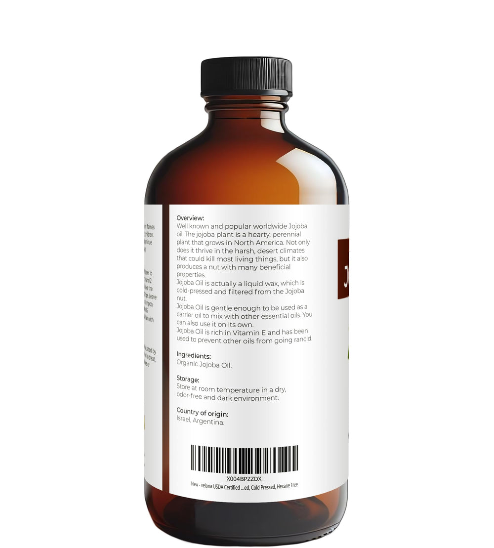 Velona Jojoba Oil ingredients info visual emphasizing hexane-free and pure composition.