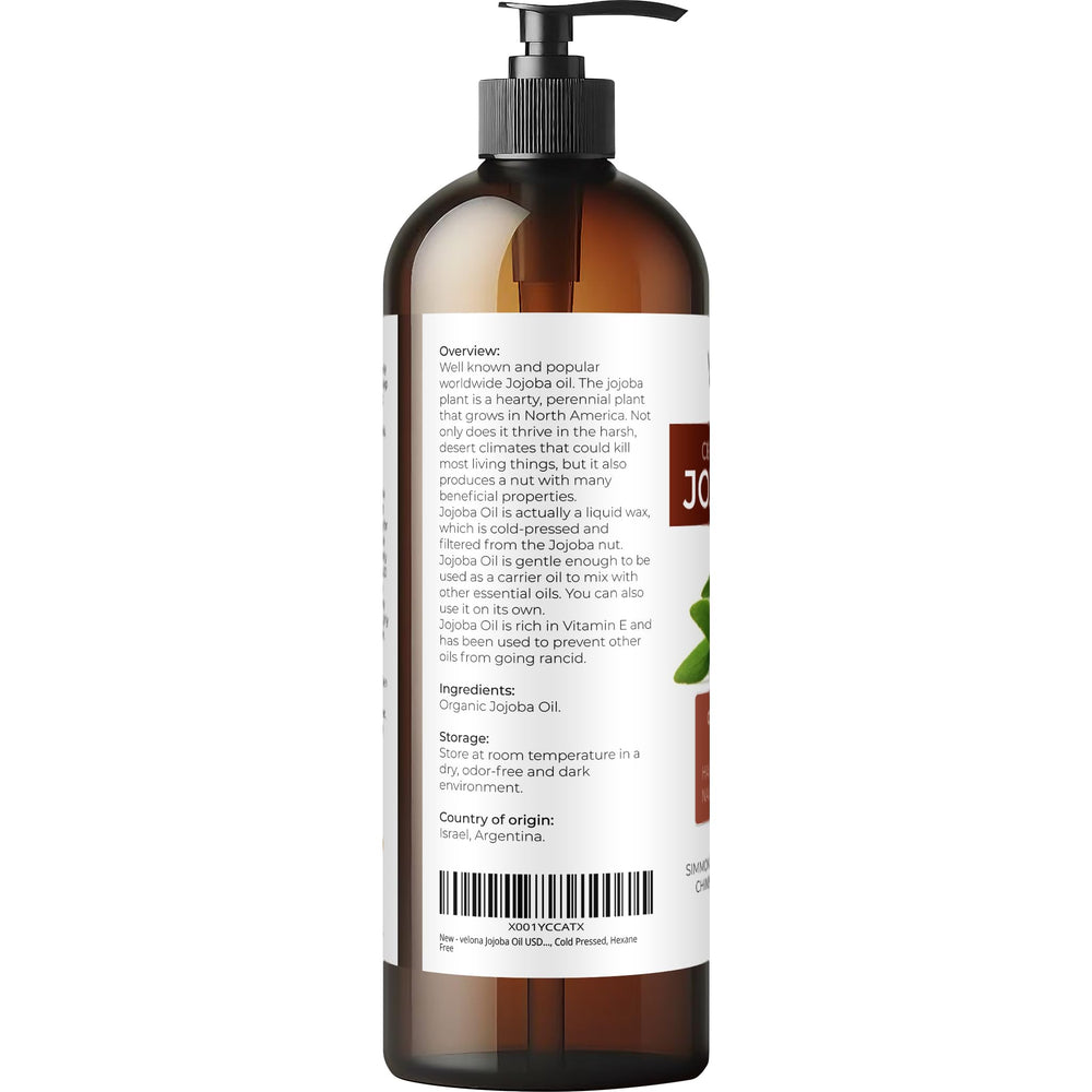 Velona Jojoba Oil ingredients label provides transparency about organic, unrefined oil.