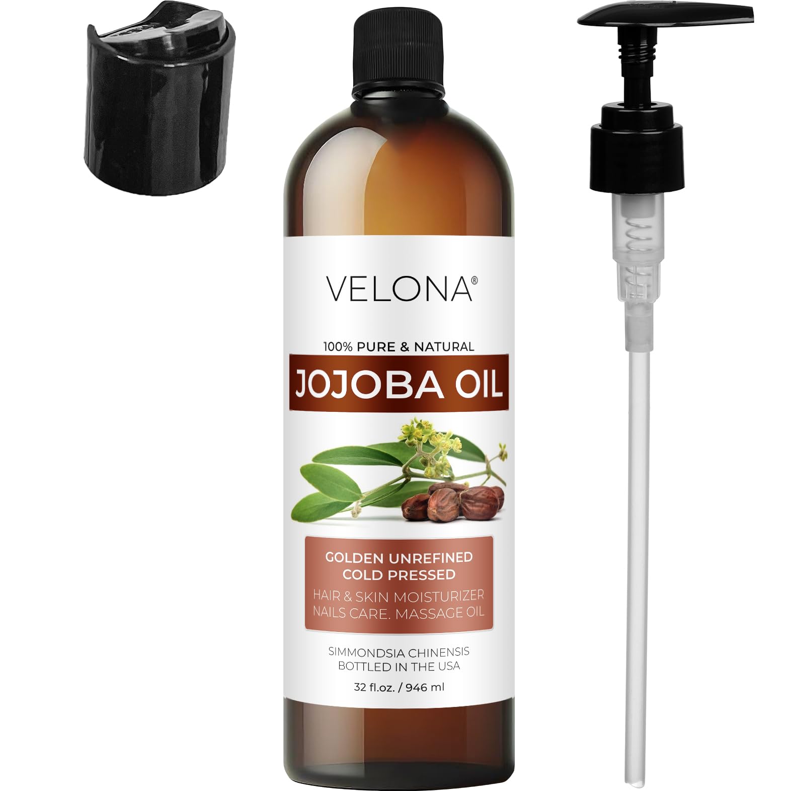 Velona Jojoba Oil USA bottling seal emphasizing domestic production and quality.