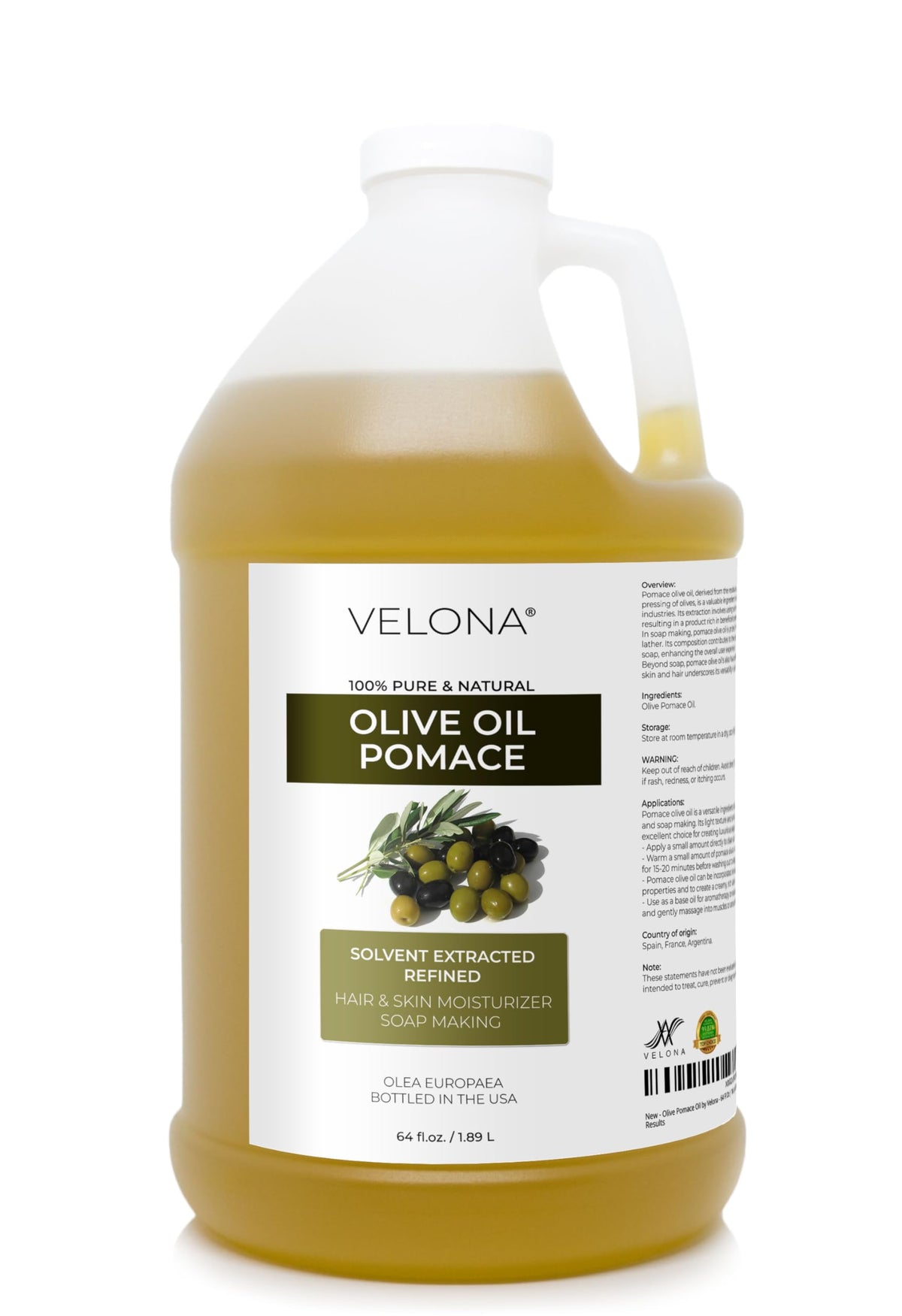 Velona Olive Pomace Oil 64oz bottle for skin and hair care