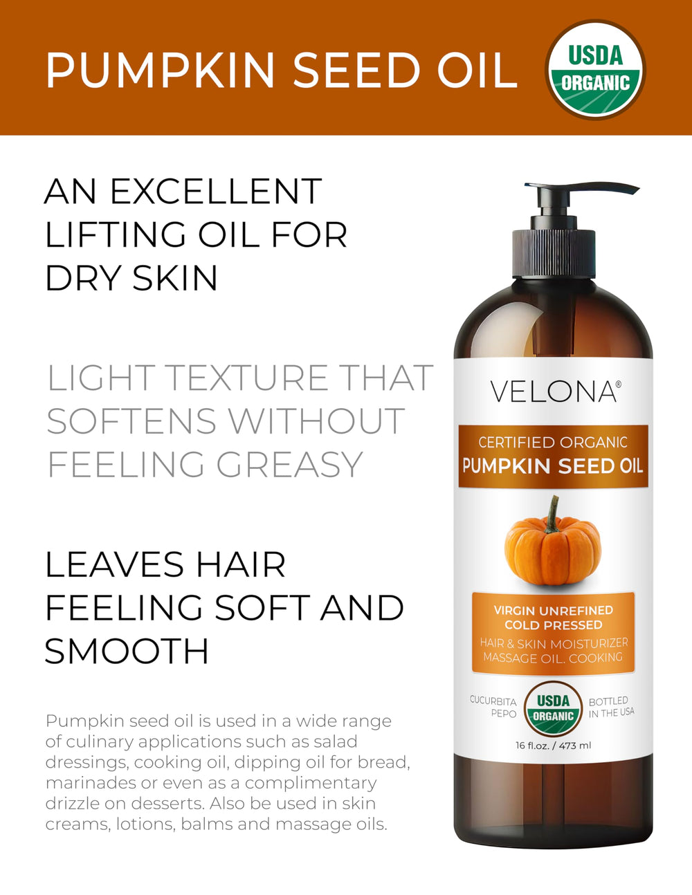 Velona Pumpkin Seed Oil amber bottle closeup highlights cold-pressed quality and rich aroma.