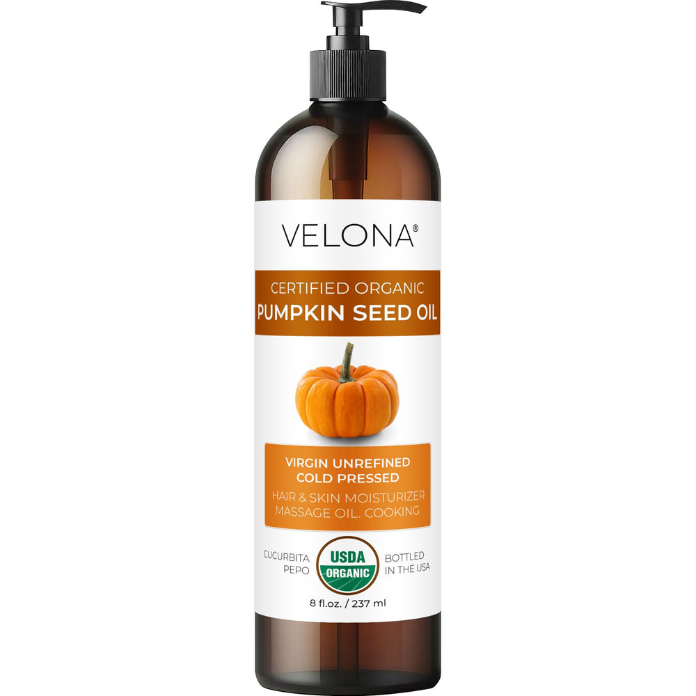 Velona Pumpkin Seed Oil bottle pour highlights pure, versatile use in cooking.