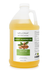 Velona Sweet Almond Oil bottle ready for daily skin hydration.