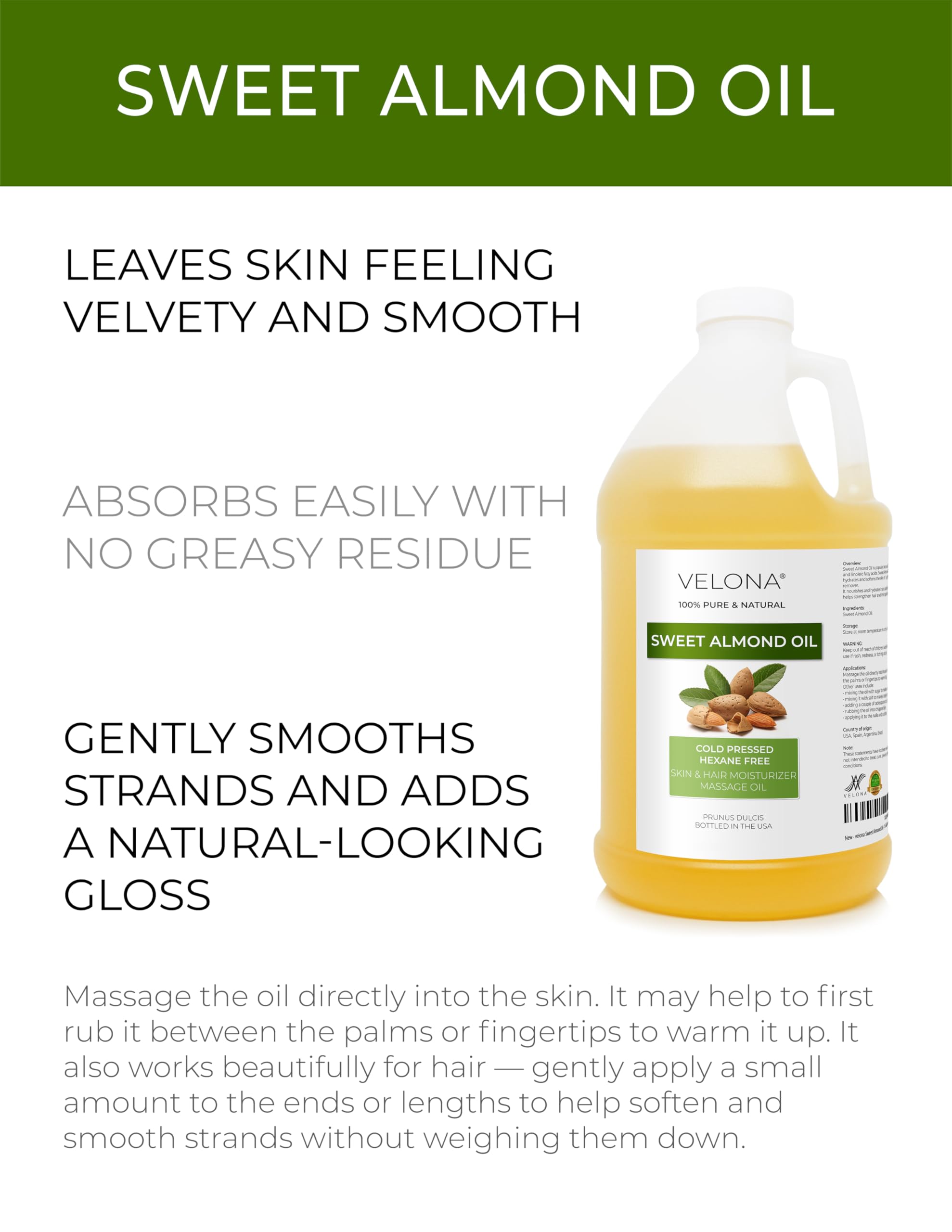 Velona Sweet Almond Oil in hair care for softness and shine.