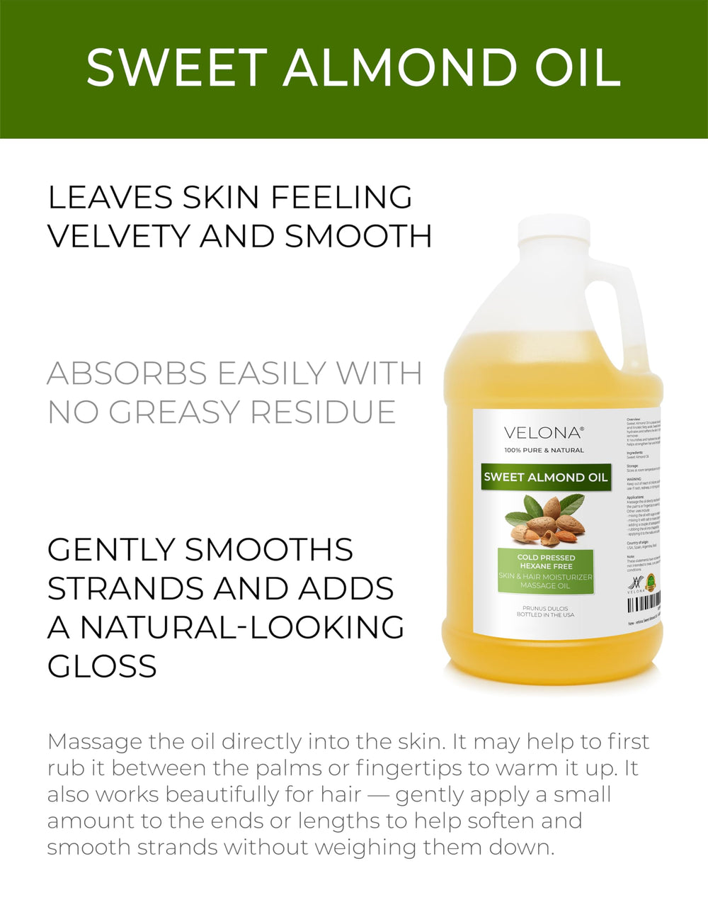 Velona Sweet Almond Oil in hair care for softness and shine.