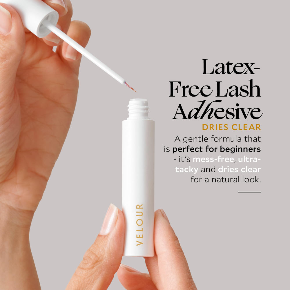 Velour latex-free vegan lash adhesive for gentle, safe wear on delicate lash lines.