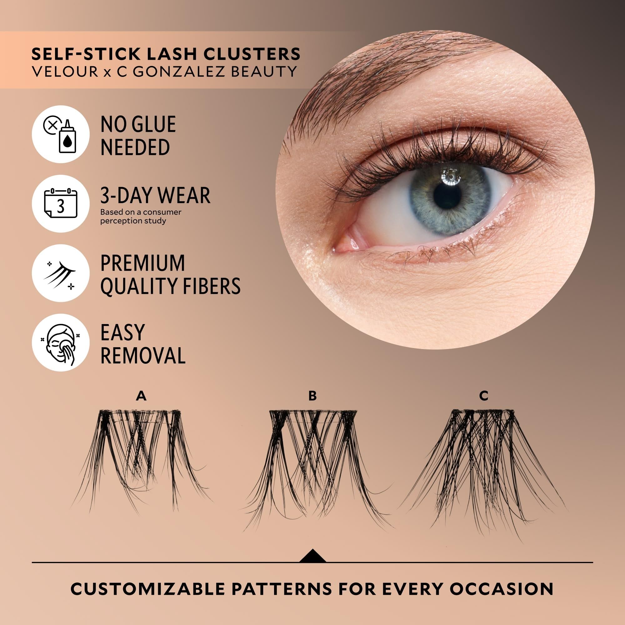Velour Self-Stick Lash Clusters curve design blends with natural lashes.