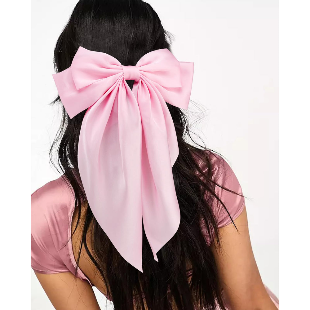 VELSCRUN black satin hair bow offers bold contrast for formal looks