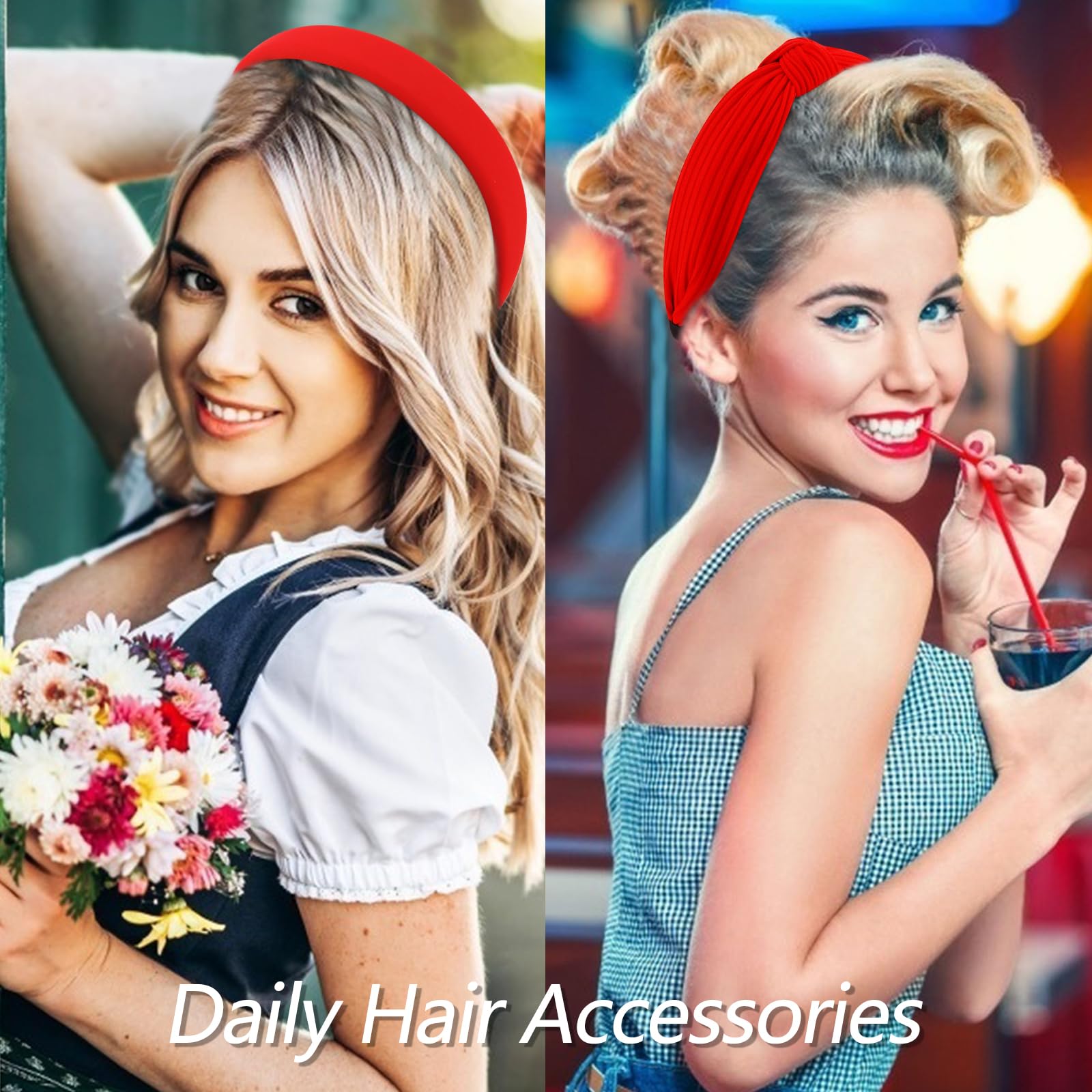 VELSCRUN diadema antideslizante para mujer, nudo rojo con perlas, perfecto para cabello fino.