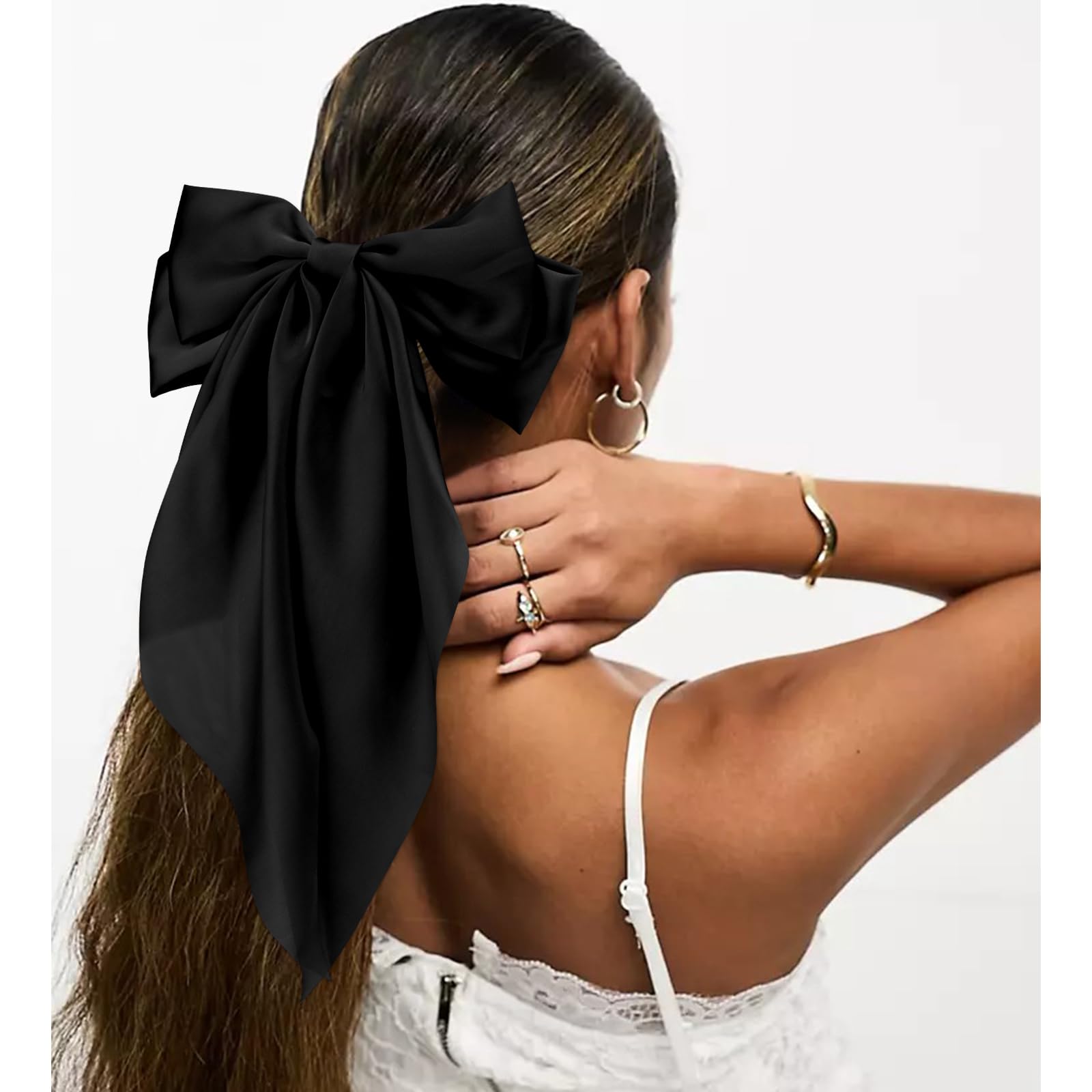 Lazo VelScrun negro satín cola larga, para looks nocturnos elegantes.