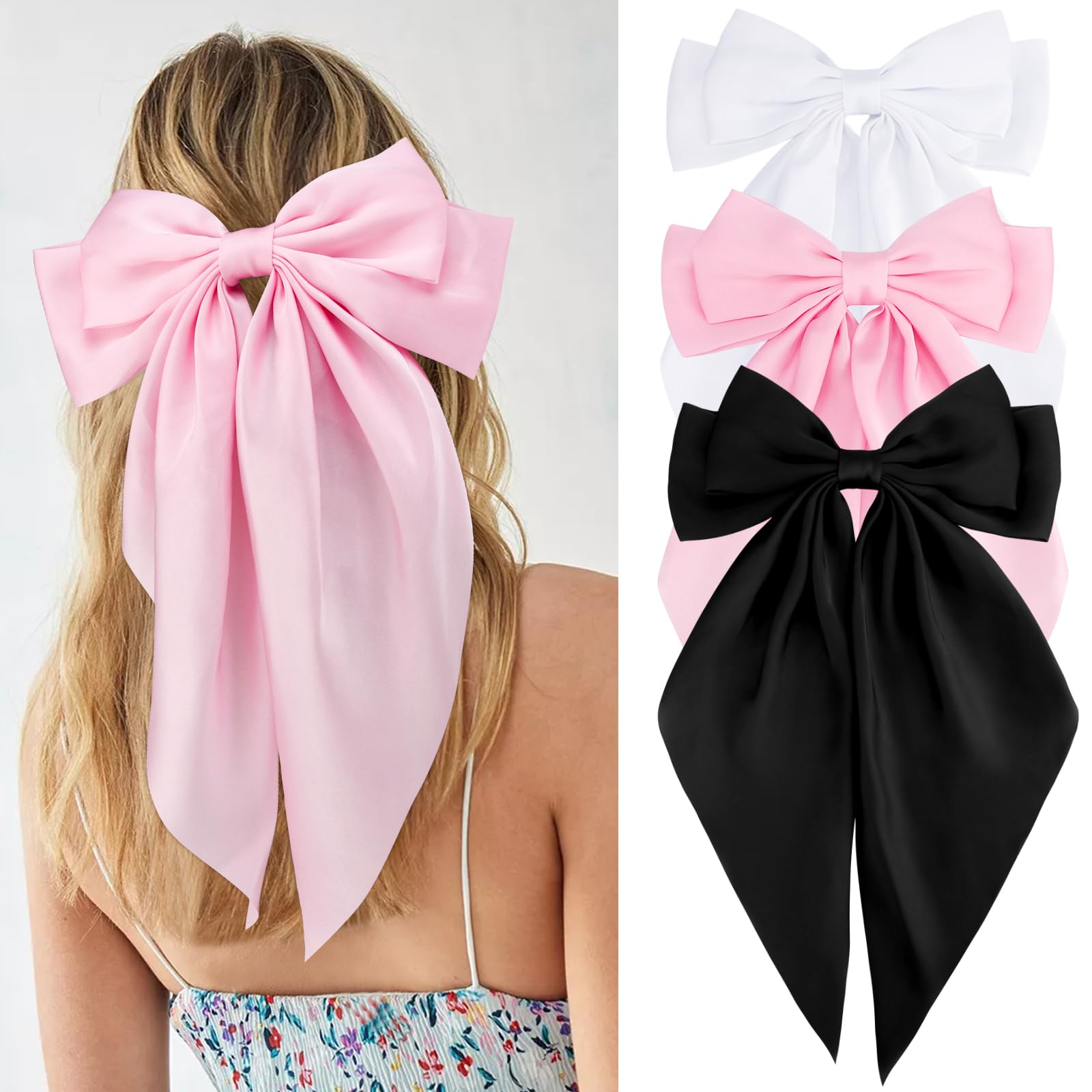 VELSCRUN white satin hair bow with a large clip for everyday elegance